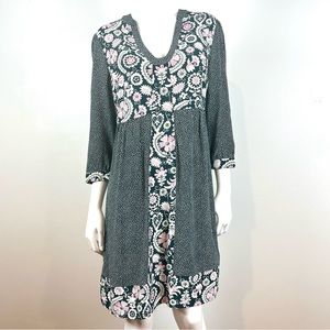 Boden MOLLIE Patchwork Green Pink Floral Shift Dress Size 8 REG Boho 3/4 Sleeve